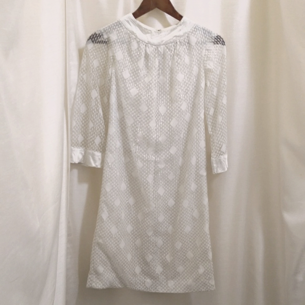 1960s Handmade Shift Mini Dress - White & Silver - XS/S